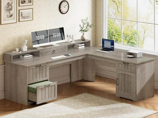 SEDETA 63" L Shaped Desk with Drawers, Farmhouse Corner Computer Desk, Wood Office Desk with File Drawers with Storage, Executive Desk with Monitor Stand and Storage Cabinet, Grey