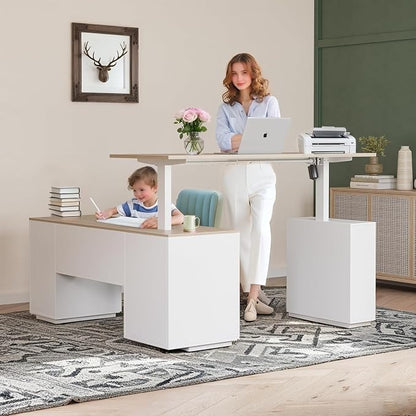 FEZIBO L Shaped Standing Desk, 63 inch Executive Standing Desk, Adjustable Height Desk with Storage Drawers for Home Office, Light Wood Grainy