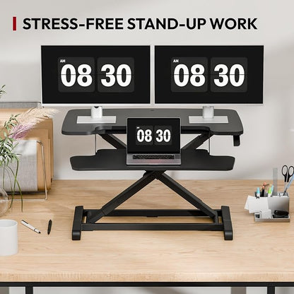 SANODESK 32" Height Adjustable Standing Desk Converter, Desk Riser Sit Stand Workstation for Home Office Laptop & Dual Monitor Setup, Ergonomic Lift Platform, Black