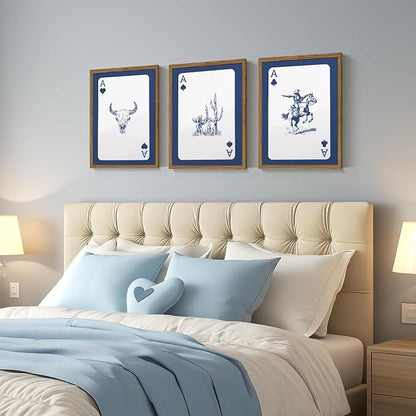Western Wall Art Set of 3, Blue Cowboy Wall Decor Trendy Southwestern Playing Card Longhorn Bull Skull Poster Canvas Aesthetics Prints for Bedroom Living Room 16x24 inch Wood Framed
