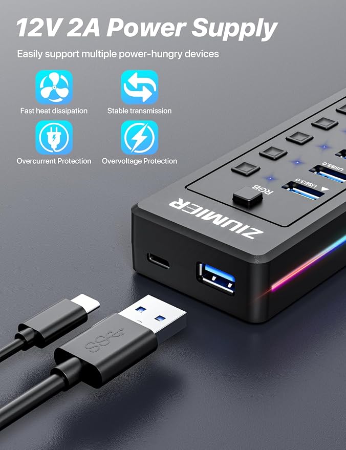 Powered USB Hub, 10-Port USB Splitter with RGB LED Strip | 5Gbps Data Transfer,Individual LED On/Off Switches and 12V/2A Power Adapter for Laptop, PC, Mouse, Keyboard, Hard Drive