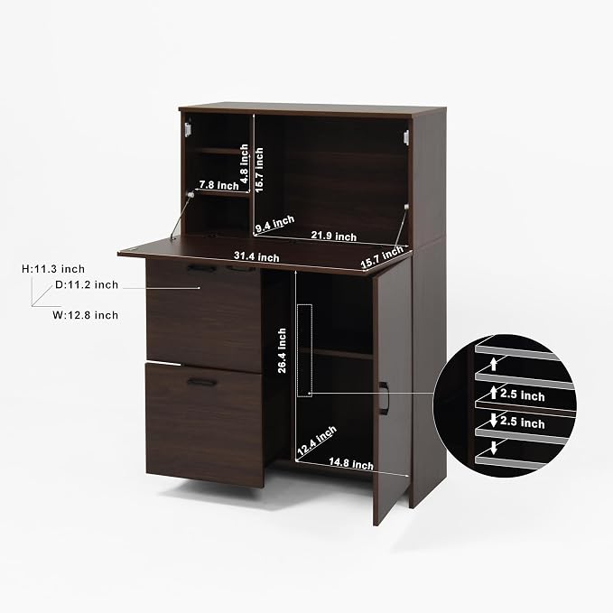CIATRE Desk Cabinet, with Storage Drawer & Shelves, Fold-up Desktop, Ideal for Home, Office, Dormitory, Small Spaces W31.49 xD13.78 xH47.2