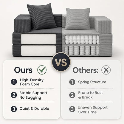COMAX Futon Sofa Bed, 4‑in‑1 Convertible Sofa Bed, Folding Boneless Couches | Boneless Couch for living room, Fold Out Small Foldable Loveseat Floor Sleeper Mattress Lounge Space‑Saving, Grey