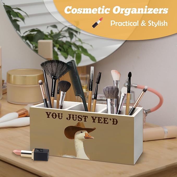 Funny Western Cowboy Goose Pen Holder Organizer for Desk Accessories, Goose Gifts Wooden Box Sign Desk Decorations for Home Bedroom Office Decor, Western Office Decor, Cowboy Gifts