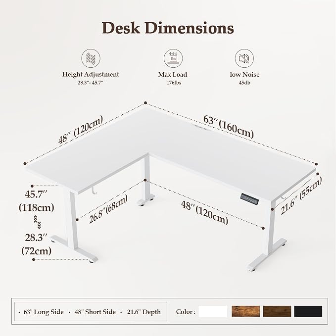 Klicelor L Shaped Standing Desk 63 x 48 Inch, Electric Height Adjustable Corner Desk for Home Office Workstation, Ergonomic Sit to Stand Computer Table with Memory Controller, White