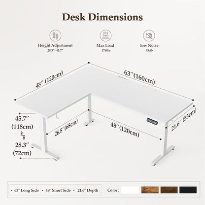 Klicelor L Shaped Standing Desk 63 x 48 Inch, Electric Height Adjustable Corner Desk for Home Office Workstation, Ergonomic Sit to Stand Computer Table with Memory Controller, White