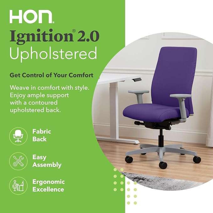 HON Ignition 2.0 Ergonomic Office Chair with Adjustable Arms, Advanced Synchro‑Tilt Recline, Upholstered Desk and Computer Chair for Home Office or Workstation, Titanium Frame, Iris