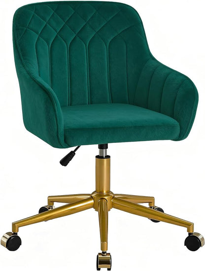 VECELO Modern Velvet Swivel Home Office Desk Chair with Back & Rolling Wheels, Adjustable Seat Height for Girls Women Bed Room Vanity Makeup/Task/Computer Work, Green