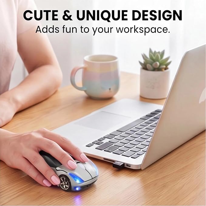 Silver Wireless Car Mouse, 2.4G with USB Receiver, 1600DPI Optical, Ergonomic Mini Computer Mouse, for Laptop, PC, Tablet, Windows, Mac OS