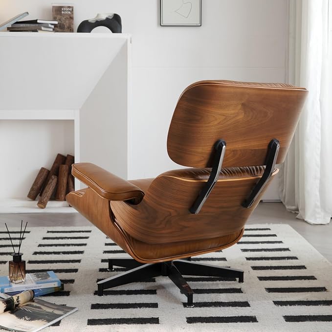 Mid Century Chaise Lounge Chair with Ottoman, Luxury Oil-Waxed Leather Reading Chair, Modern Chair Classic Design, Heavy Duty Base Support for Living Room Study Lounge Office Walnut Light Brown