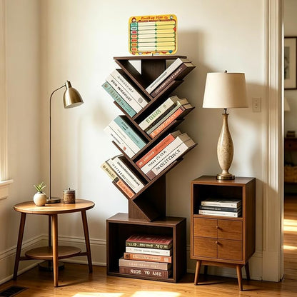 7 Tier Tree Book shelf, Small Bookcase with Reading Planner and Activity Panel, Modern Floor Standing Corner Tall Narrow Storage Cabinet Bookshelves for Home Office Bedroom Living Room (Gray)