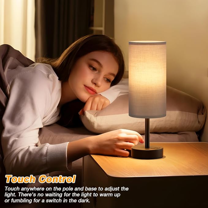 Dicoool Grey Touch Bedside Lamp with USB - 3 Way Dimmable Table Lamp for Bedroom, Nightstand Lamp with Black Charging Station for Desk Dorm, Office, Boy Kids Room, Small
