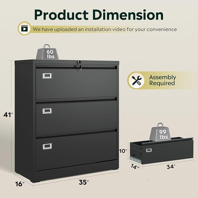 DEVAISE 3 Drawer Metal File Cabinet, Wide Lateral Filing Cabinet with Lock for Home Office Organization Hanging Files Letter/Legal/F4/A4 Size (Black, Assembly Required)