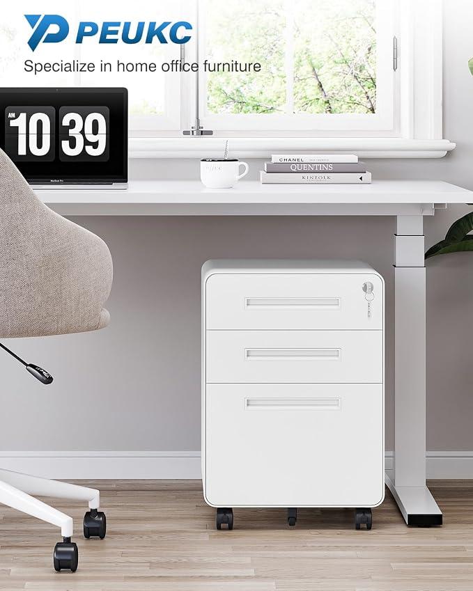 PEUKC 3 Drawer File Cabinet with Lock, Metal Under Desk Rolling Filing Cabinet fits Letter/Legal/A4 Size for Home Office,(Fully Assembled, White)