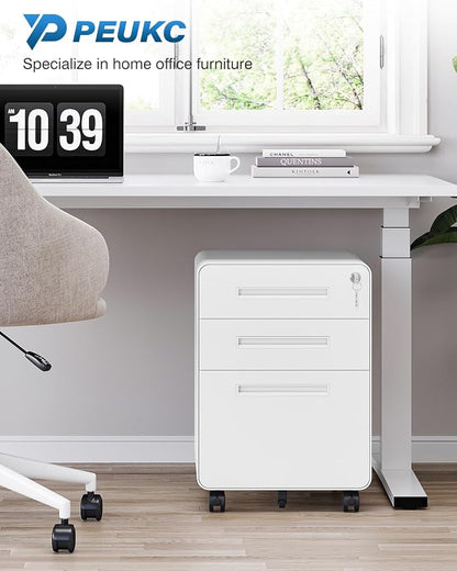 PEUKC 3 Drawer File Cabinet with Lock, Metal Under Desk Rolling Filing Cabinet fits Letter/Legal/A4 Size for Home Office,(Fully Assembled, White)