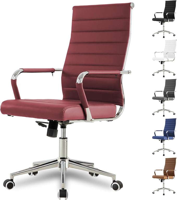 Red Office Desk Chair, Ergonomic Leather Modern Conference Room Chairs, Executive Ribbed Height Adjustable Swivel Rolling Chair for Home Office. (Red)