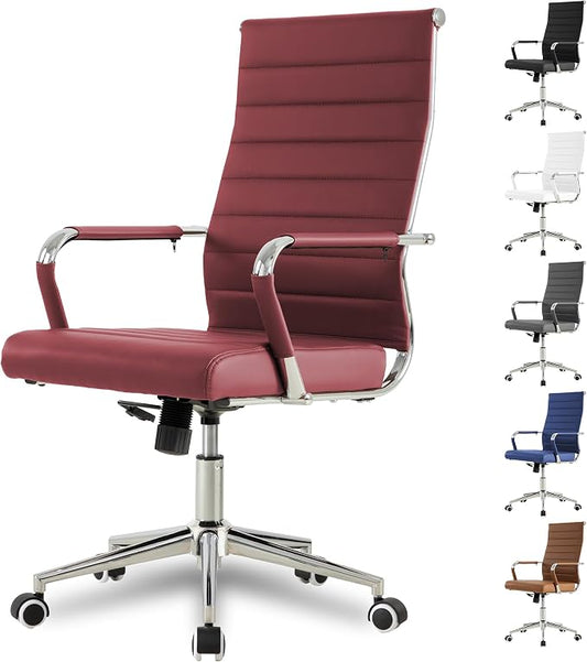 Red Office Desk Chair, Ergonomic Leather Modern Conference Room Chairs, Executive Ribbed Height Adjustable Swivel Rolling Chair for Home Office. (Red)
