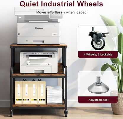 Large Printer Table for Home Office, Printer Stand, 3 Tier Rolling Printer Cart with Storage Shelf, Stand for Heat Press, Scanner, Fax, Organization, Brown