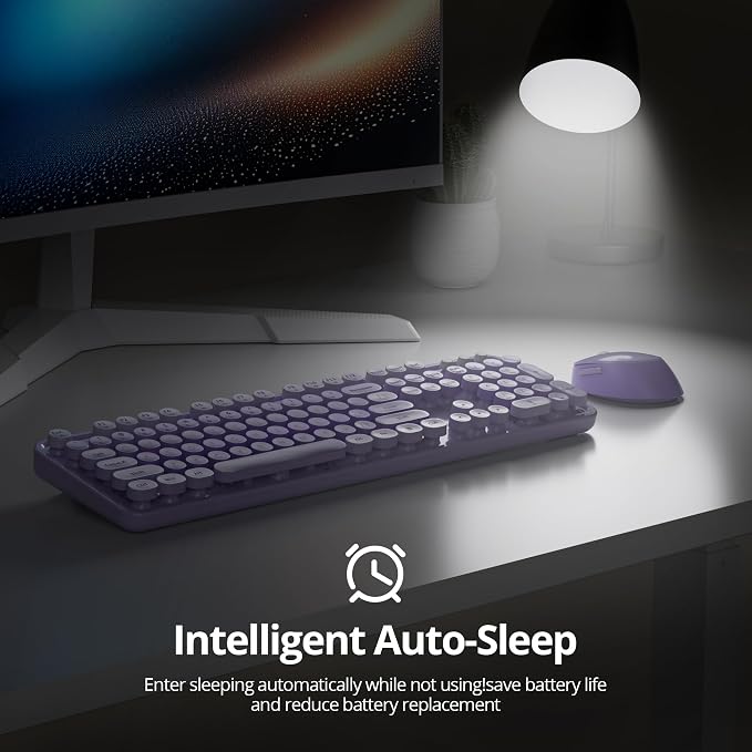 Wireless Keyboard and Mouse Set, Retro Typewriter Keyboards, 2.4GHz Full Size 104-Key Cute Keyboard with Number Pad, Colorful Keyboard with Round Keycaps for Windows PC Laptop(Purple)