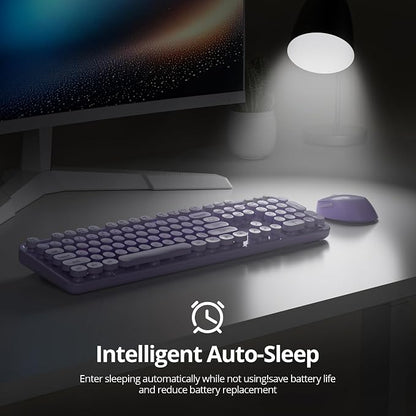 Wireless Keyboard and Mouse Set, Retro Typewriter Keyboards, 2.4GHz Full Size 104-Key Cute Keyboard with Number Pad, Colorful Keyboard with Round Keycaps for Windows PC Laptop(Purple)