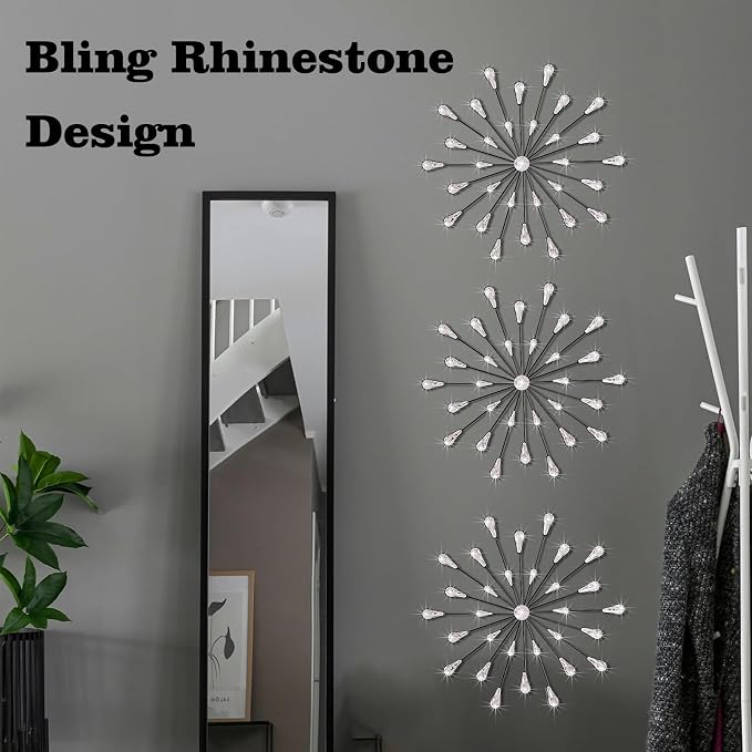 ZEXUIRU 3 Set Black Starburst Wall Art for Home Decor Metal Bling Crystal Rhinestones Sunburst Wall Decor Sparkling Rhinestone Art Accent Black - 13in