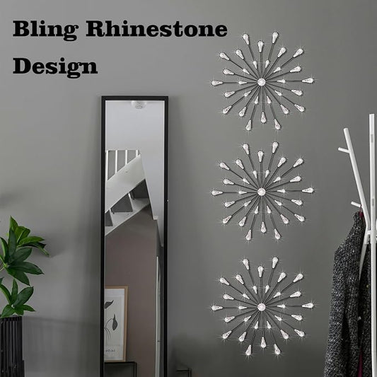 ZEXUIRU 3 Set Black Starburst Wall Art for Home Decor Metal Bling Crystal Rhinestones Sunburst Wall Decor Sparkling Rhinestone Art Accent Black - 13in