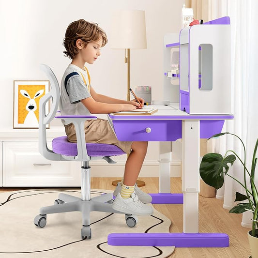 Giantex Kids Desk Chair, Ergonomic Adjustable Teen Task Chair w/Y-Shaped Lumbar Support, Armrest & Universal Wheels, Mesh Kid Office Chair for Sturdy, Kids Computer Chair for Boys Girls 4-12, Purple