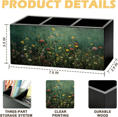 Moody Floral Pen Pencil Holder for Desk, Desk Pen Organizer Dark Green Wildflower Botanical Green Wooden Office Pencil Cup for Home Room Office Bedroom Desk Accessories Tabletop Decorations