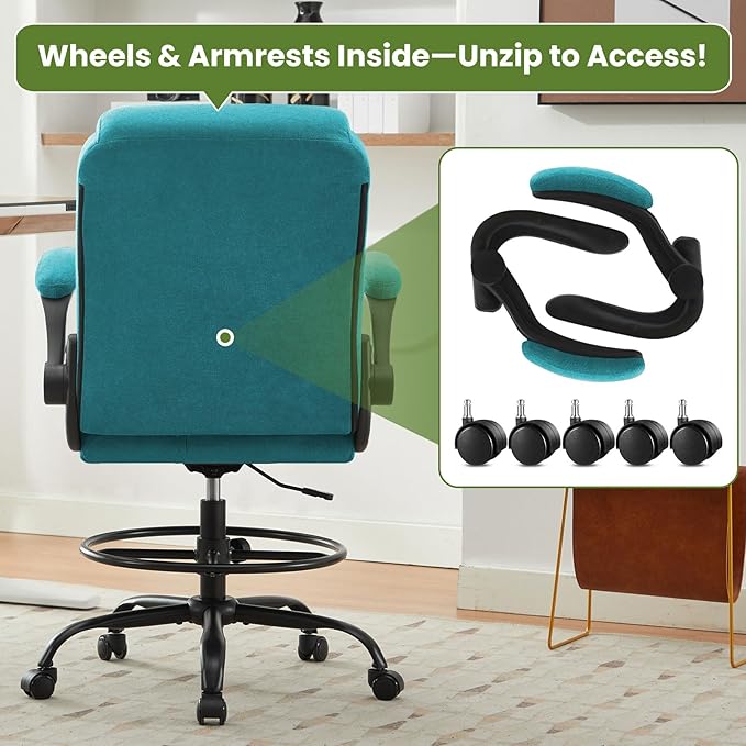 Drafting Chair Tall Office Chair for Standing Desk, Ergonomic Tall Desk Chair with Adjustable Foot Ring, Flip-Up Armrests, Lumbar Support, Comfortable Fabric Seat – Ideal for Home and Office Use