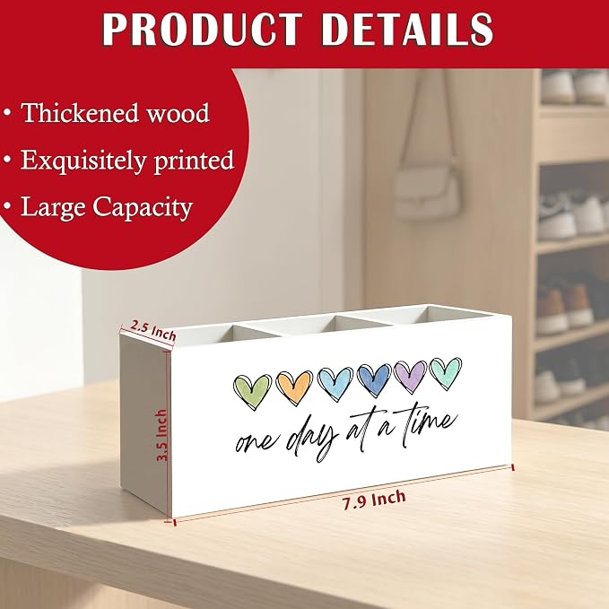 One Day At a Time Inspirational Mental Health Recovery Pen Pencil Holder Organizer for Home Therapy Office Desk Accessories, Motivational Self Love Wood Signs Makeup Brush Toothbrush Holder