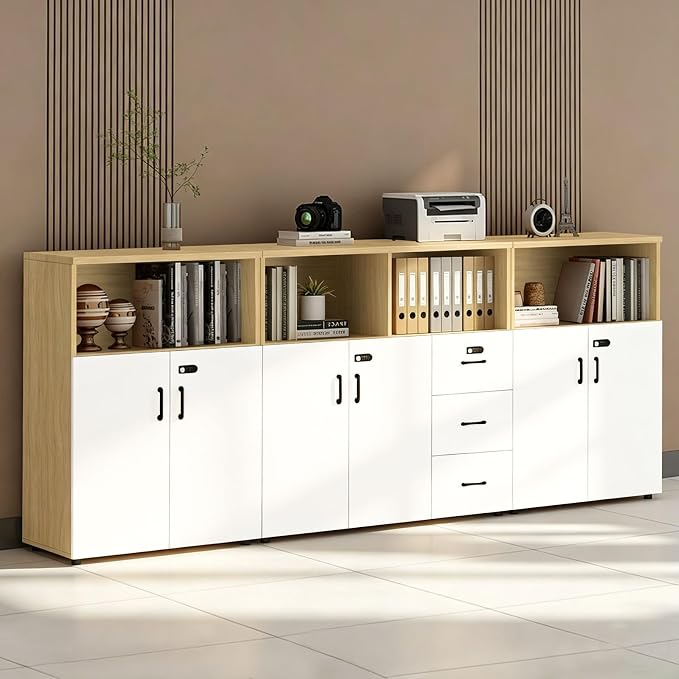 File Cabinet with Password Lock, Wood Lateral Filing Cabinet for Letter/A4 Files, 3 Drawer with Door, Printer Stand with Open Shelves for Home Office