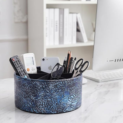 Remote Control Holder, 360°Spinning PU Leather Desk TV Remote Caddy,Desk Storage Box Room Accessories for Controller, Media,Mail,Calculator, Mobile Phone,Pencil(1B-Rich Flower Blue)