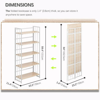 4NM No Assembly 5 Tiers Folding Bookshelf, 59.4" H Foldable Storage Shelves Vintage Bookcase Standing Racks Study Organizer Home Office - Natural White