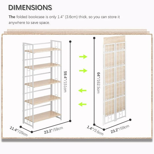 4NM No Assembly 5 Tiers Folding Bookshelf, 59.4" H Foldable Storage Shelves Vintage Bookcase Standing Racks Study Organizer Home Office - Natural White