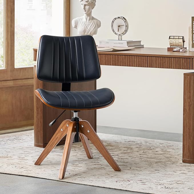 HULALA HOME Faux Leather Home Office Chair with Solid Wood Legs, 360° Swivel Desk Chair No Wheels with Bentwood Design, Mid-Century Modern Wide Seat Computer Task Chair, Navy