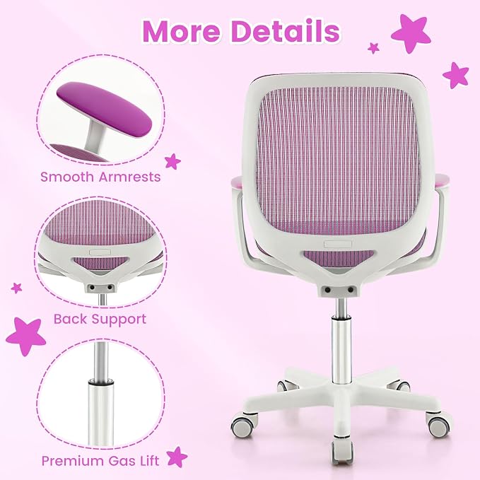 Costzon Kids Desk Chair, Height Adjustable Children Study Computer Chair with Armrests, Sit-Brake Casters, Swivel Mesh Task Chair for Boys Girls Teens Students, Kids Chair for Home, Office (Purple)