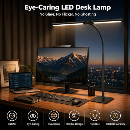 24" Double Head LED Desk Lamp, 15W Wide Architect Desk Light with Base for Home Office, 360° Flexible Gooseneck Task Lamp, 3 Color Modes, 10 Brightness Levels, Memory Function, Black