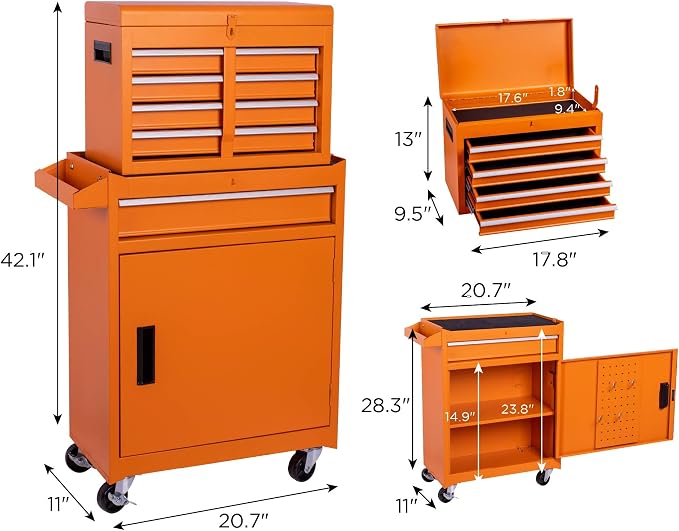 RYH 5 Drawers Rolling Tool Chest & Tool Box on Wheels | Heavy Duty Metal Cart with Ball Bearing Drawers | Fits US General Tool Box for Garage Storage (Orange, 5 Drawers（42.1" H × 20.7" W × 11" D)