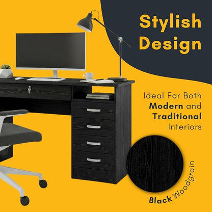 Furnifact Black Home Office Desk with 5 Drawers and Open Shelf, Lockable Storage Computer Desk and Study Table Ideal for Work from Home Setup
