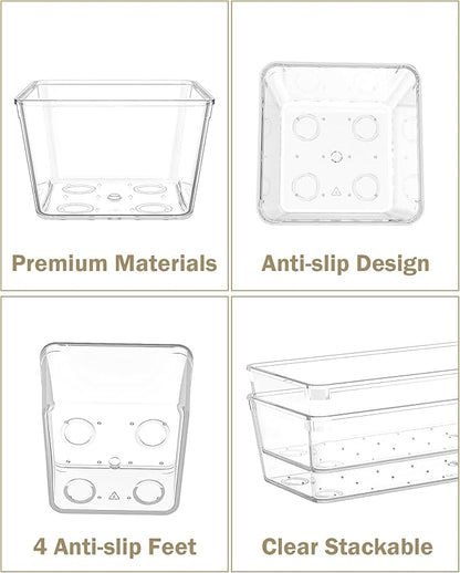 15Pcs Clear Plastic Drawer Organizers Set, 4size makeup drawer organizer trays for vanity/desk/bathroom/office/nightstand/gadgets for kitchen/desk drawer, Versatile drawer divider storage bins