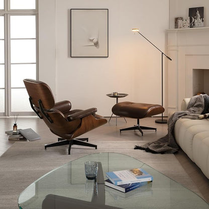 Mid Century Chaise Lounge Chair with Ottoman, Luxury Oil-Waxed Leather Reading Chair, Modern Chair Classic Design, Heavy Duty Base Support for Living Room Study Lounge Office Walnut Dark Brown