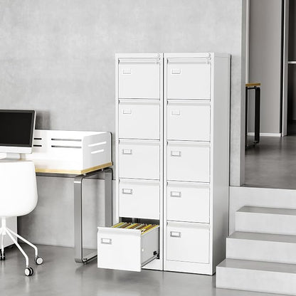 Fesbos File Cabinets - 5 Drawers Vertical 17.8" Deep Lockable Filing Cabinet - White Metal Storage Cabinets for Home Office to Hanging Files Letter/Legal/F4/A4 Size