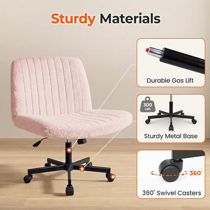 Orange Factory Criss Cross Chair Wheels Vanity Chair Office Desk Comfy Wide Cross Legged Armless Teddy Fabric Adjustable Swivel for Home Computer Task (Pink, Teddy Fleece)