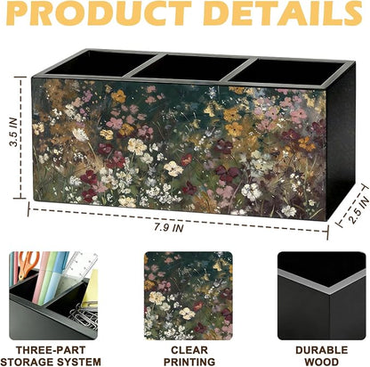Vintage Floral Pen Pencil Holder for Desk, Moody Cottagecore Botanical Flower Wooden Box Sign Organizer for Home Room Office Bedroom Desk Accessories Tabletop Decorations