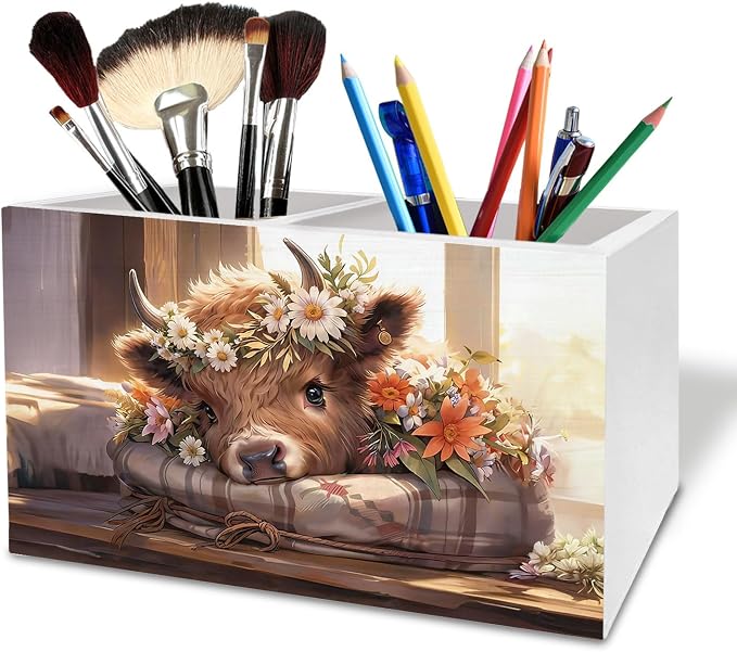 Highland Cow Pen Holder for Desk, Rustic Floral Farm Heifer Wooden Box Sign Desk Decor for Home Office Decoration, Highland Cow Gifts Pencil Organizer, Gifts for Cows Lovers