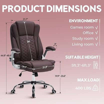 400lbs Executive Office Chair with Flip-Up Armrests, Big and Tall Computer Chair for Heavy People, Heavy Duty Ergonomic Comfy Chair, Breathable PU Leather (Darkbrown)