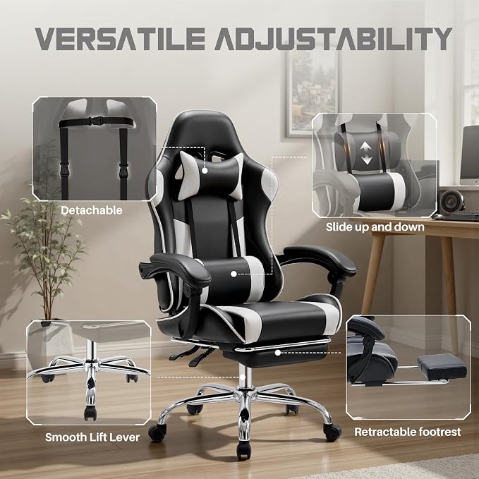 NEWBULIG Gaming Chair with Footrest – Ergonomic High-Back with Lumbar & Headrest Support, Comfy PU Leather Recliner with Linkage Armrests, Adjustable Height, 360° Swivel, White