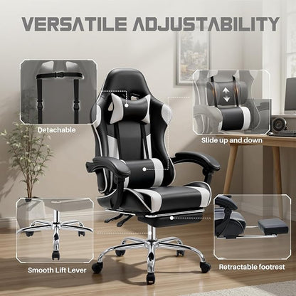 DUMOS Ergonomic Gaming Office Desk Chair with Footrest and Headrest, PU Leather Video Computer Chair with Linkage Armrests, Height Adjustable 360° Swivel Recling, Black White