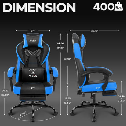 N-GEN GAMING Gaming Chair Big and Tall Computer Heavy Duty Office Desk Chair with Footrest Ergonomic Lumbar Support High Back Recliner for Adults (Blue)
