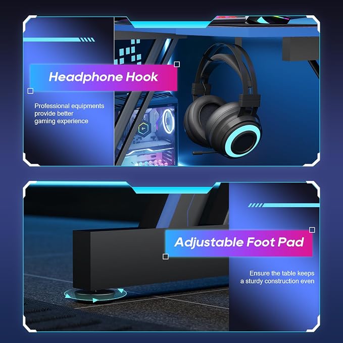 BestOffice Gaming Desk Z Shaped 47 inch PC Computer Desk Computer Workstation Ergonomic Gaming Table with Headphone Hook for Game Players, Black&Blue